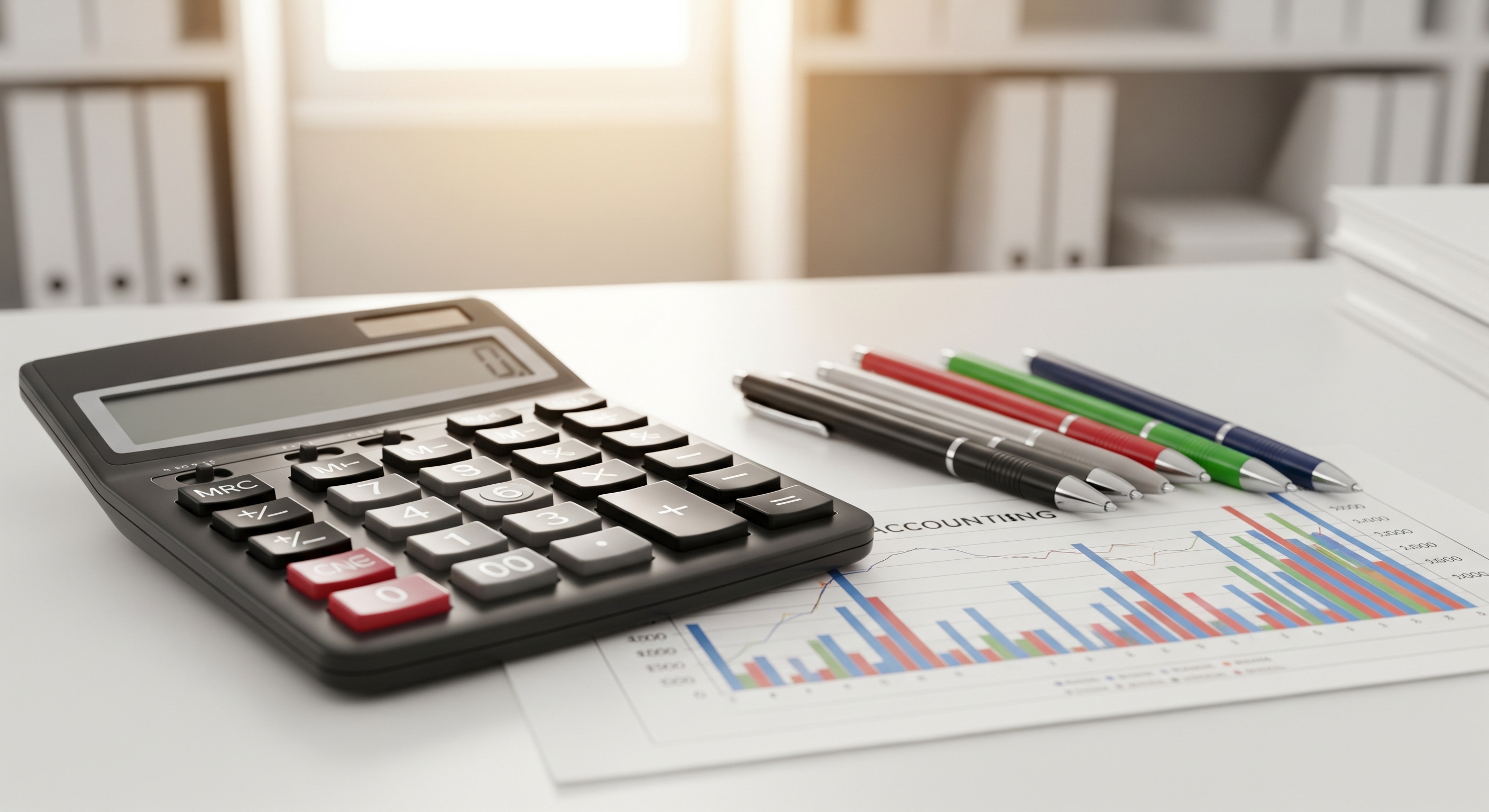 Desk with calculator, papers, and financial charts, representing accounting tasks.